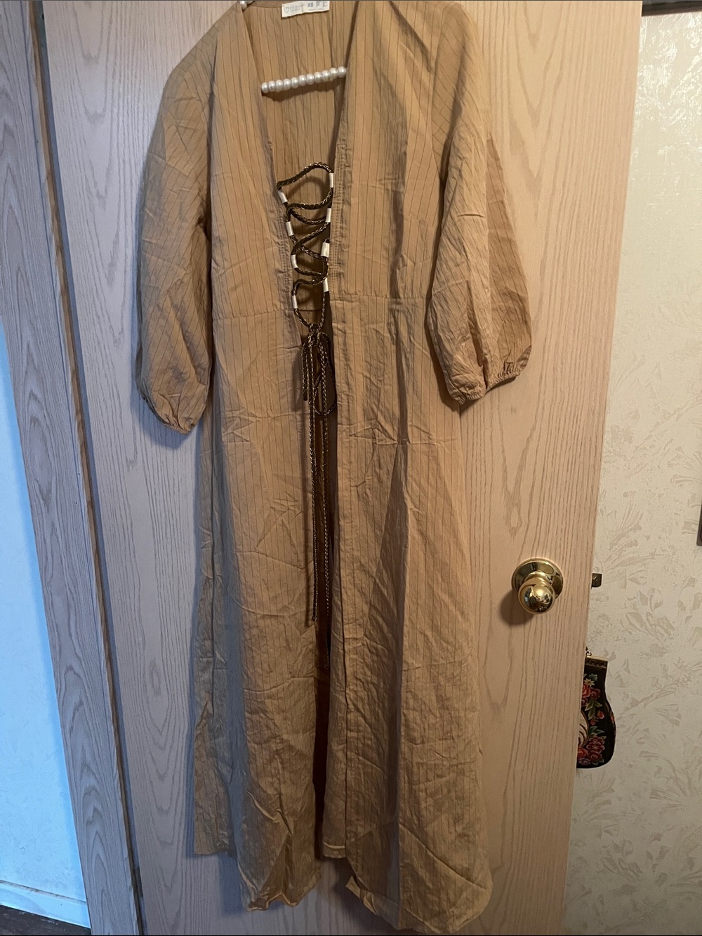 Primark Beige Pinstripe Maxi Cardigan with Lace-Up Front